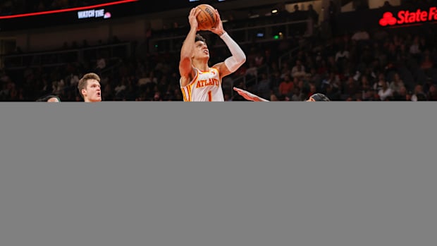 Feb 27, 2024; Atlanta, Georgia, USA; Atlanta Hawks forward Jalen Johnson (1) shoots against the Utah Jazz in the second quarter at State Farm Arena. Mandatory Credit: Brett Davis-USA TODAY Sports